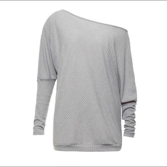 Off the Shoulder Grey Sweater - Picture 2 of 5